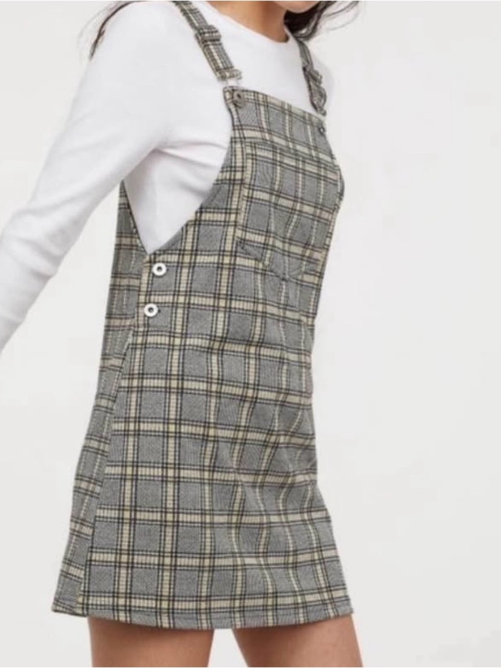 H&M Plaid Mini Pinafore Dress in Gray and Cream
